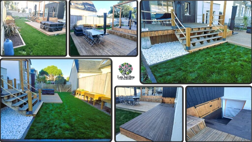 Aménagement extérieur avec terrasse en bois, pelouse et escalier réalisé par Les Jardins du Val de Vire