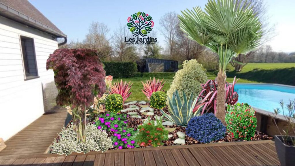 Aménagement paysager avec terrasse en bois et piscine par Les Jardins du Val de Vire